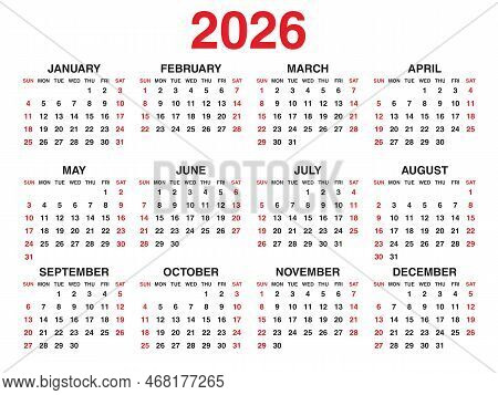 Calendar 2026 Year Vector Illustration, Set Of 12 Calendar, Week Starts On Sunday, Simple Planner Te