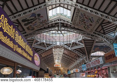 Valencia, Spain - July 2022: Interior Spaces And Architecture Of The Market's Roof Overhead, Mercado