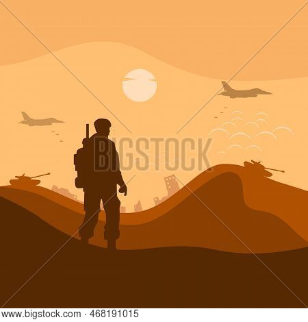 Desert War Illustration, Army Background, Soldier Silhouette, Artillery, Cavalry, Airborne, Warplane