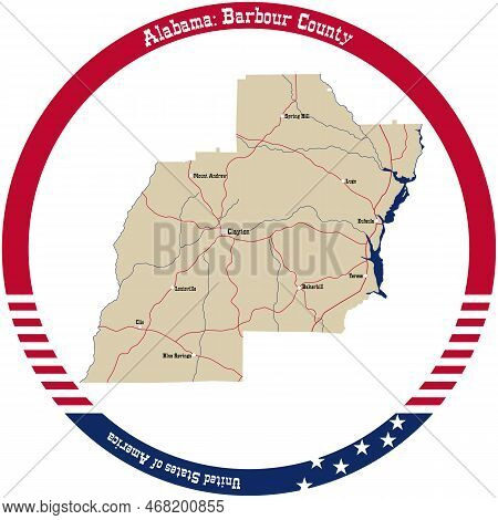 Map Of Barbour County In Alabama, Usa Arranged In A Circle.