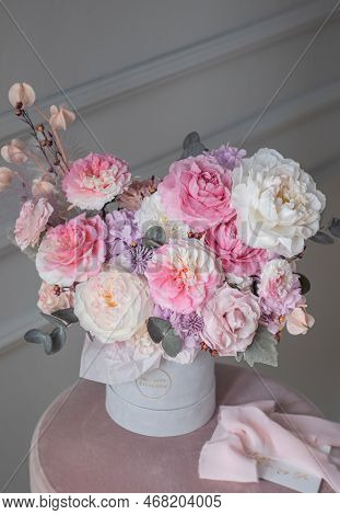 Original Flower Bouquets On A White Gray Background. Beautiful Composition With Pink And White Flowe