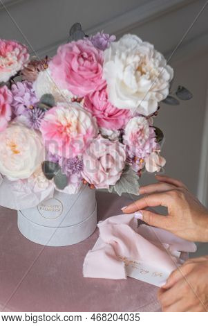 Original Flower Bouquets On A White Gray Background. Beautiful Composition With Pink And White Flowe