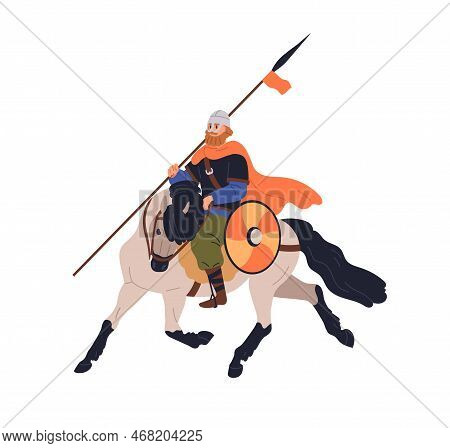 Armored Warrior With Lance, Riding Horse. Medieval History Horseman In Helmet, Scandinavian Horsebac