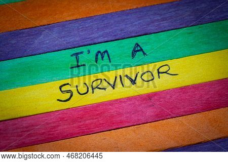 I'm A Survivor Hand Written Quote On A Pride Flag Background In Defiance Of Homophobic And Gender Di