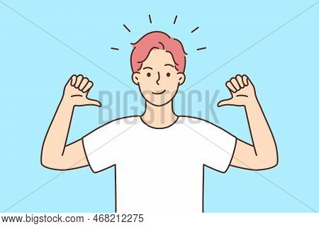 Smiling Confident Man Point At Himself. Happy Male Show Self-confidence Demonstrate Top Qualities An