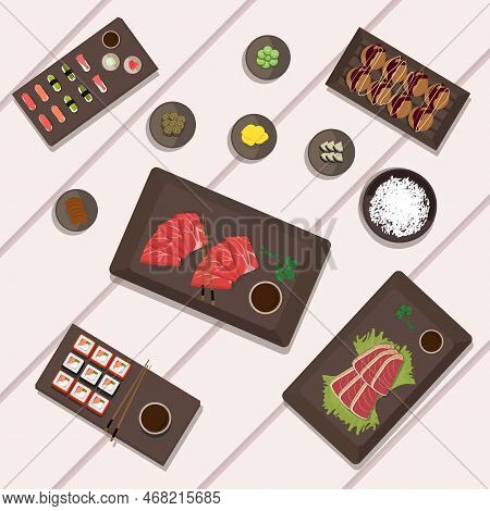 Food Of Japanese National Cuisine Takoyaki Salmon Steak, Sushi And Takoyaki, Seasonings And Rice, As
