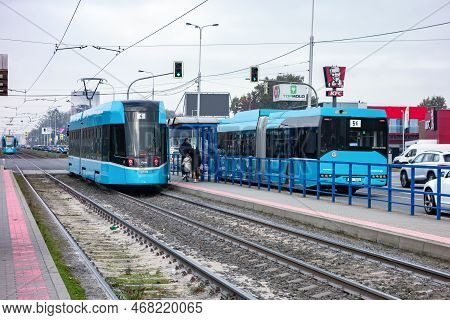 Ostrava Czech Republic - October 14, 2022: Skoda 39t Tram And Solaris Urbino 18 Cng Of Dpo Public Tr