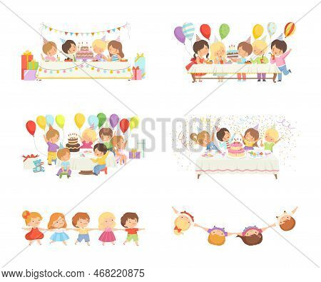 Cute Happy Kids Celebrating Holiday Together. Cute Boys And Girls Having Birthday Party. Children Si