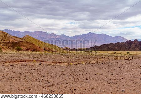 Winter View Of Arava Desert Valley Landscape Near The Shkhoret Canyon, Southern Israel