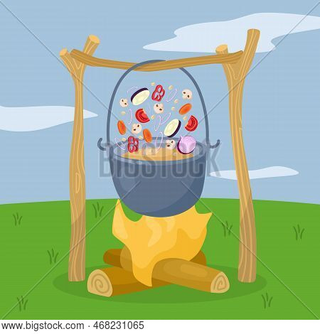 Camping Pot Hanging On Branch Above Campfire Vector Illustration. Cartoon Drawing Of Slices Of Veget