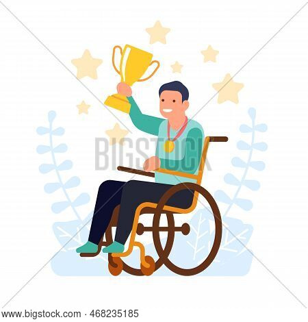 Disabled Guy In Wheelchair Holds Winners Cup. Paralyzed Person With Reward. Handicapped Man Winning 