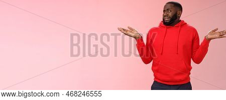 African American Man Cringe Shake Head Unaware Frowning Grimacing Aversion Dislike Shrugging Hands R