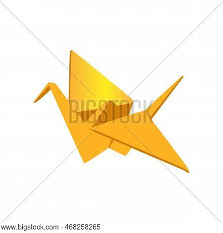 Japanese Yelllow National Paper Crane Vector Illustration. Drawing Of Paper Crane For Good Fortune. 