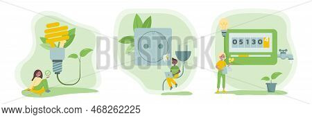How To Reduce Energy Consumption At Home Set. Vector Flat Illustration.