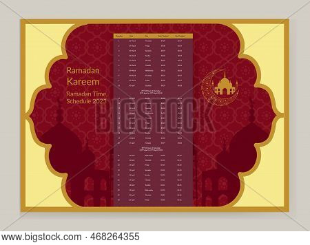 Ramadan Calendar Design 2023. Calendar Mockup Template, Islamic Calendar Dua And Time Table Schedule