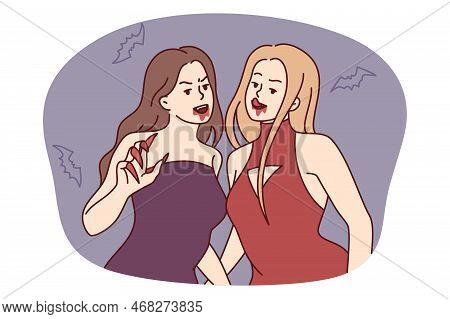 Women Vampires With Sharp Claws And Traces Of Blood Near Mouth Stand Among Scary Flying Mice..girl F