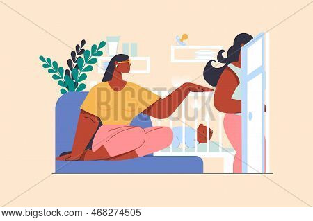 Nanny Job Concept With People Scene In Flat Design. Woman Works As Babysitter. Young Mother Using Na