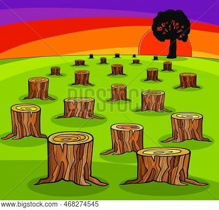 Cartoon Illustration Of Tree Trunks Of Cut Frest And Last Tree Ecological Concept