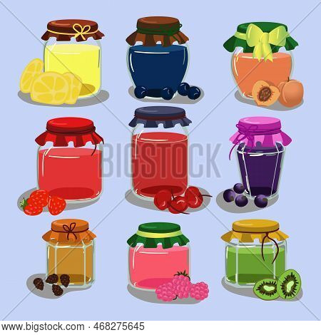 A Set Of Fruit Jams In Glass Jars In Cartoon Style. Kiwi, Raspberry, Pine Cones, Cherry, Black Curra