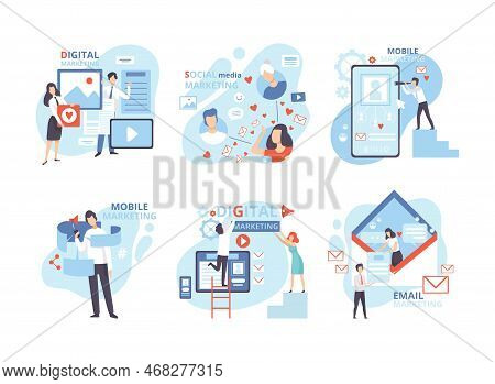 Dgital, Social Media, Mobile, Referral, Email Marketing Set. Business People Taking Part In Business
