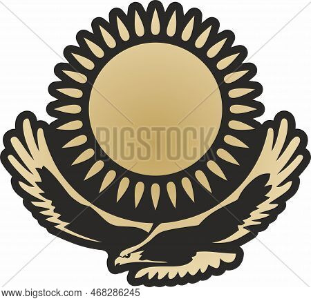 Vector State Monochrome Coat Of Arms Of The Republic Of Kazakhstan. Gold National Sign Kazakh. Pride