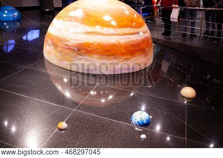 Moscow - November 29, 2022. Various Exhibits Of The Museum. The Moscow Planetarium Is One Of The Lar