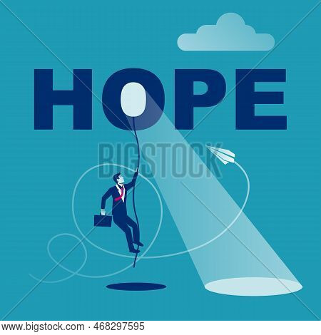 Hope Concept. Businessman Climbs Up The Rope. Last Hope. The Hard Way Up. Light Of Future. Striving 