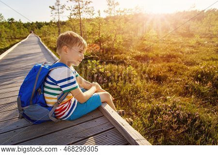 Child Sitting On The Wooden Broadwalk And Looking On The Bog. Concept Of The Recreation And Family V