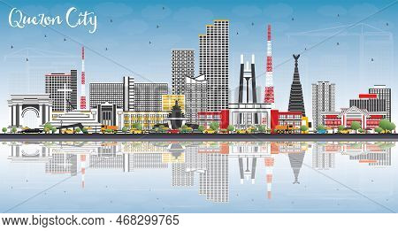 Quezon City Philippines Skyline With Gray Buildings, Blue Sky And Reflections. Vector Illustration. 