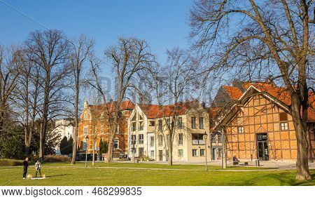 Wolfenbuttel, Germany - March 23, 2022: Park And Historic Houses In The Center Of Wolfenbuttel, Germ