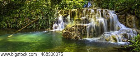 Cascade Waterfalls Paniramic View. Krushuna Falls In Bulgaria Near The Village Of Krushuna, Letnitsa