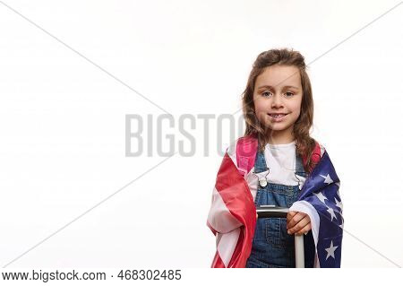 American Citizen, Little Girl With Us Flag And Suitcase, Isolated Over White Background With Ad Spac