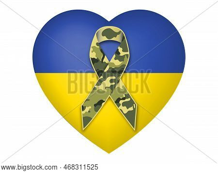 Heart Flag Ukraine Camouflage Texture Military Ribbon. Vector