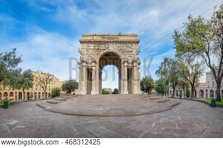 Genoa, Italy. Arco Della Vittoria, Also Known As Monumento Ai Caduti Or Arco Dei Caduti. It Is Dedic