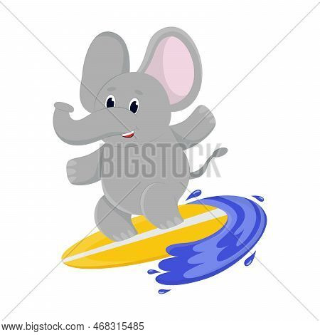 Funny Elephant With A Trunk And Big Ears Surfing, Enjoying Outdoor Activity. Cute Animal Character O