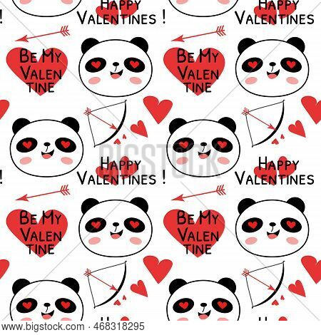 Seamless Pattern With Valentines Day Pandas Vector Illustration