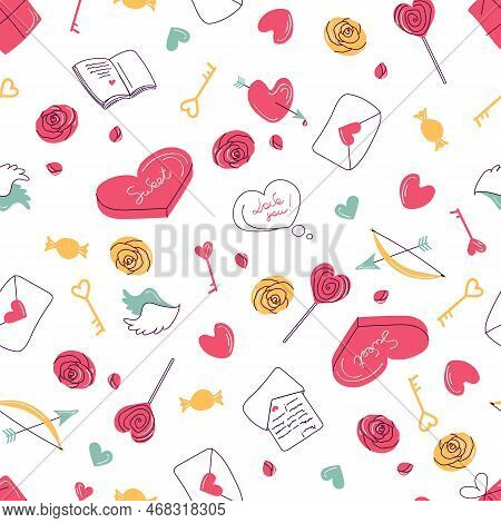 Seamless Pattern With Valentines Day Doodles Vector Illustration