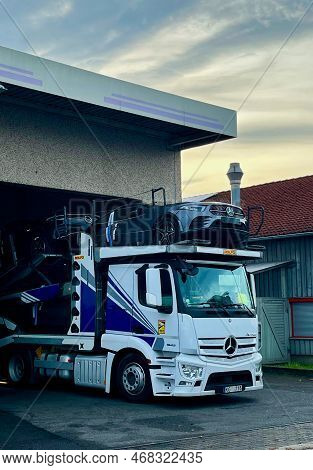 Poznan, Poland 01.03.2023: Mercedes Actros 1843 Cargo Truck Carrying New Mercedes