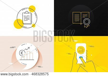 Minimal Set Of Clipboard, Euro Rate And Diploma Line Icons. Phone Screen, Quote Banners. Send Mail I