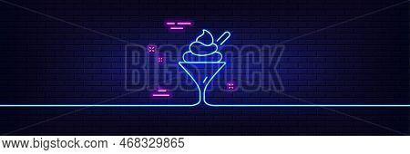 Neon Light Glow Effect. Ice Cream In Glass Line Icon. Vanilla Sundae Sign. Frozen Summer Dessert Sym