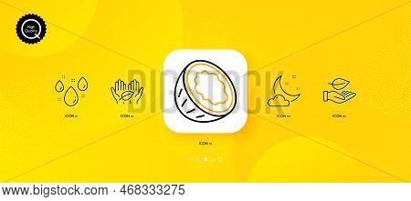 Leaf, Fair Trade And Night Weather Minimal Line Icons. Yellow Abstract Background. Coconut, Rainy We