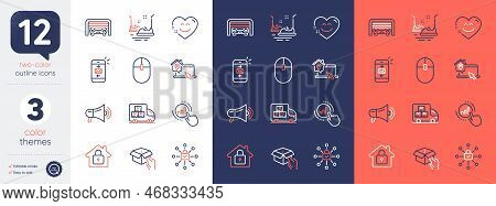 Set Of Computer Mouse, Graph Chart And Mail Line Icons. Include Security Lock, Work Home, Smile Chat