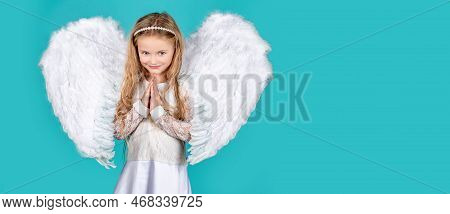 Valentines Day Banner With Angel Child. Child With Angelic Face. Cute Child Girl Posing With Angel W