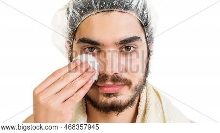 Close Up Male Portrait, Using Dermatology Cosmetics, Cleaning Face Treatment.