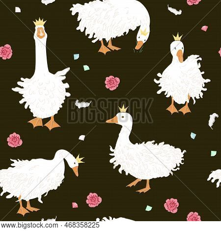 Cute Seamless Pattern With Sebastopol Goose In Crowns, Diamonds, And Rose Flowers. Royal Geese Fanta