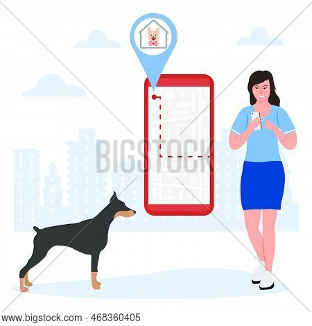 Vector Illustration Woman Uses Application On Cell Phone For Search The Dog Shelter, Pet Hotel, Hote