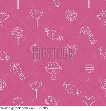 Different Types Of Candies, Pink Vector Seamless Pattern