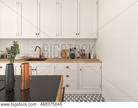 Modern Kitchen Interior Background. Design Room And Decoration With Green Plants And White Pastel Ki