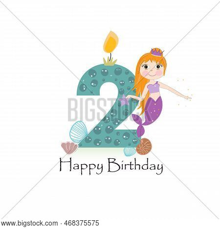 Cute Little Mermaid Second Birthday Card Two Candle And Marine Life