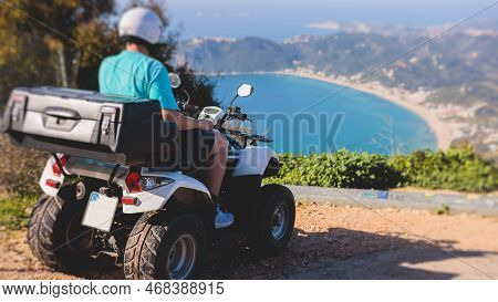 Group Of Riders Riding Atv Vehicle Crossing Mountain Serpentine Road Track, Process Of Driving Renta